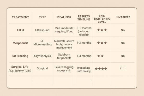 Table showing the comparisons of Skin tightening Greater London (Enfield) treatment options. 